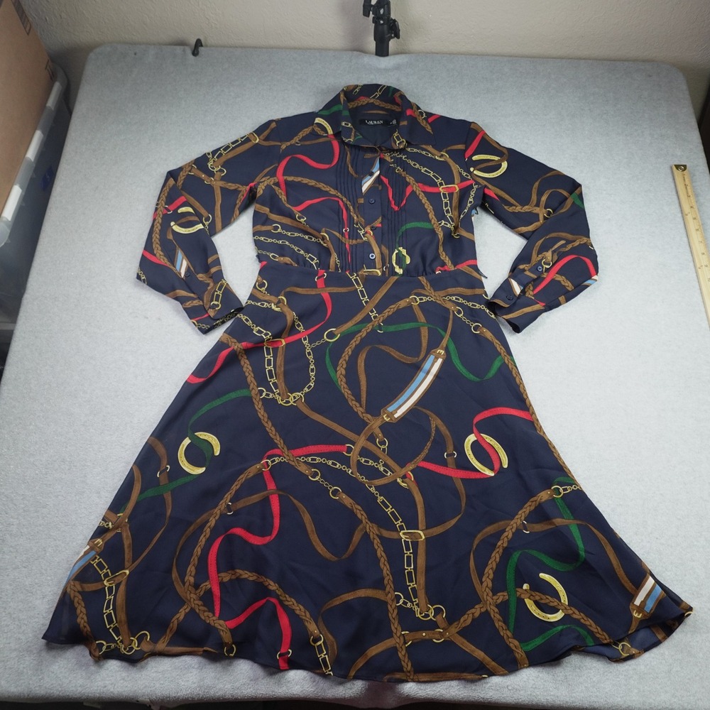 Lauren Ralph Lauren Dress Womens 4P Navy Blue Equestrian Belt Print Fit Flare